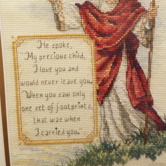 Handmade Framed Wall Art Hanging Cross Stitch Jesus - "Foot prints" - Picture 4 of 7